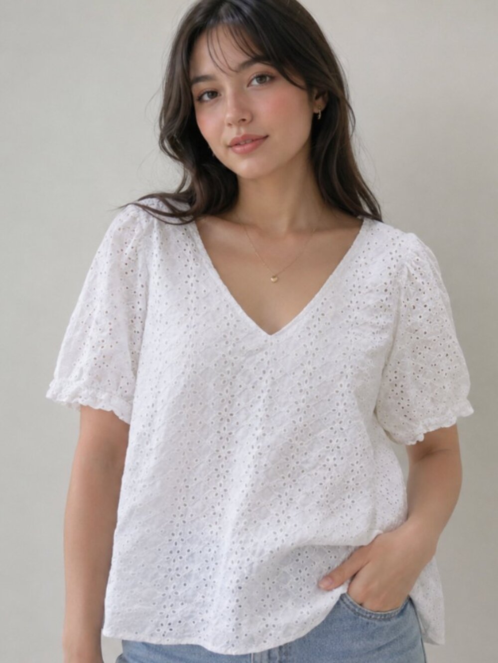 DRAPER JAMES Eyelet Cotton Lace V Neck Top White XL Coquette Boho Coastal Trad